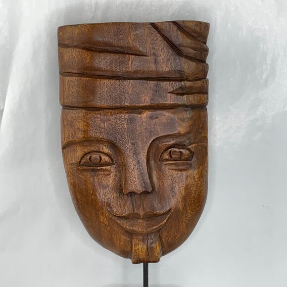 Vintage Wood Carved Turban Head Bust Mask Wood Base - Picture 3 of 9